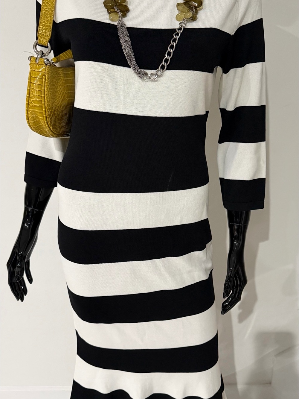 Eva Mendes NY & Company Black White Striped Knit Midi Dress Size M